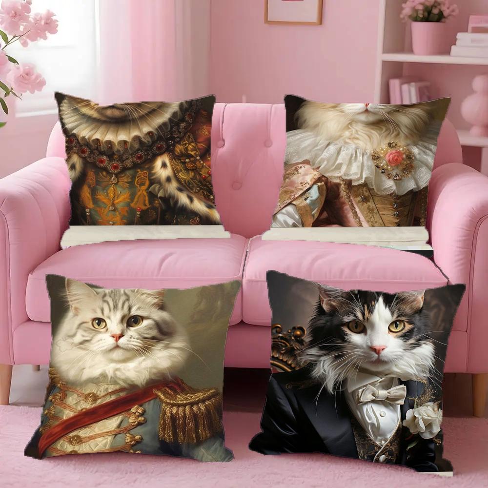 Renaissance Royal Cat Funny Pillow Case Anti-Dustmite Pillowcase Invisible Zipper Silky Short Plush Sofa Cushion Cover