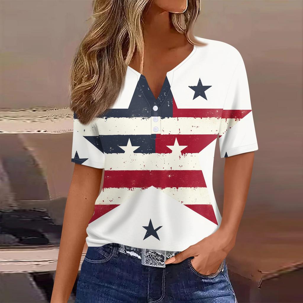 Women's T Shirt Tee Print Button Short Sleeve Daily Weekend Fashion Basic V- Neck Regular Top