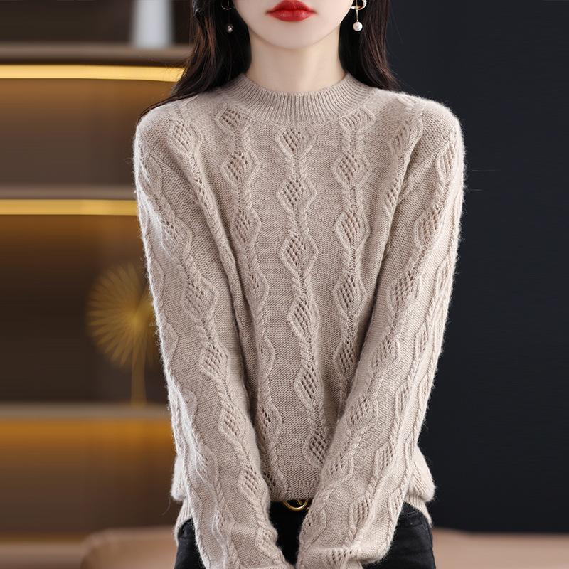 Half Turtleneck Diamond Hollow Cardigan for Women's Spring and Autumn New Loose and Versatile Fashionable Wool Base Shirt Top