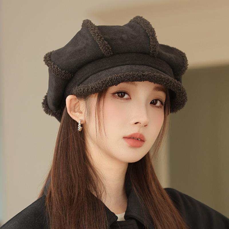 

Autumn and winter velvet hat women s warm face hat retro octagonal hat versatile cap One Size