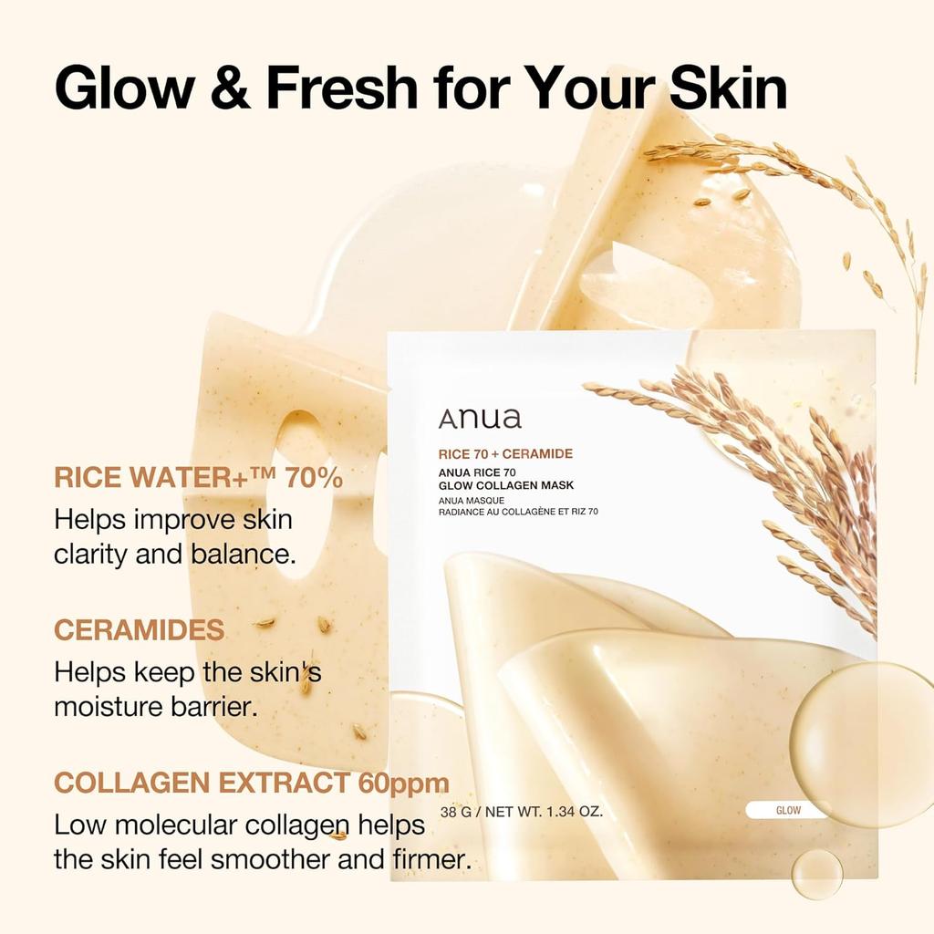 Anua Rice 70 Glow Collagen Mask 38g*4EA