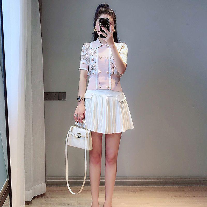 Summer Dress Women's Temperament Doll Collar Short Sleeved Double Breasted Crown Shaped Heart-shaped Jacquard Slim Fitting Knitted Sweater Top