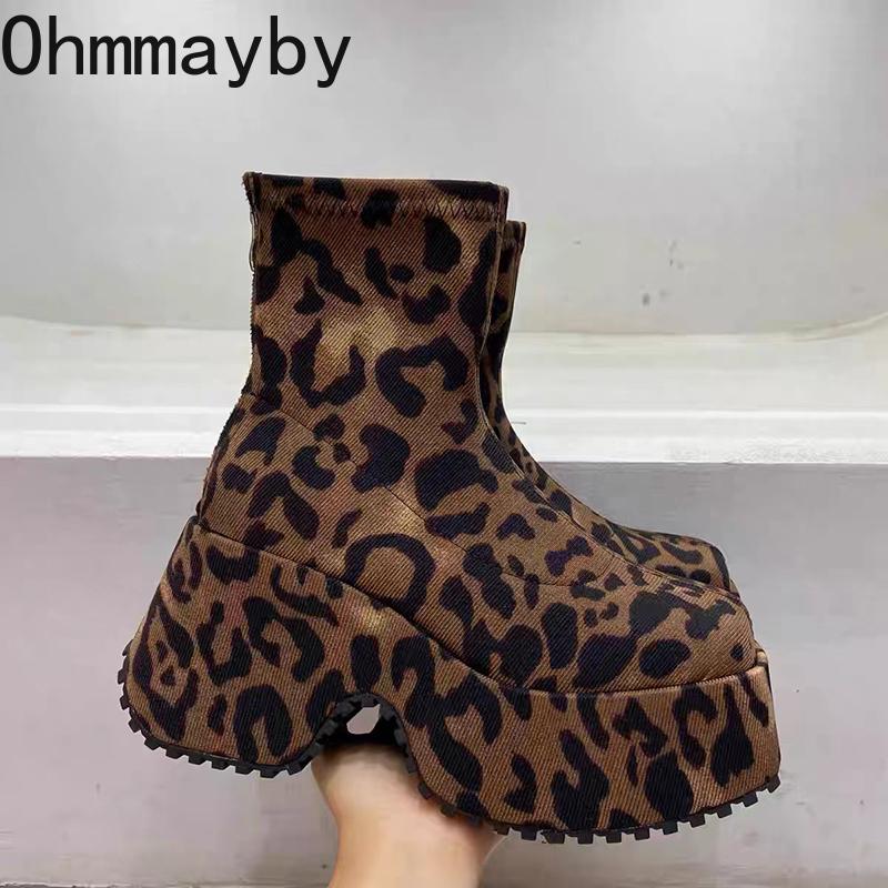 Punk Style Platform Heel Women Ankle Boots Fashion Elegant Leopard Print Shoes Autumn Winter Laides Concise Short Booties