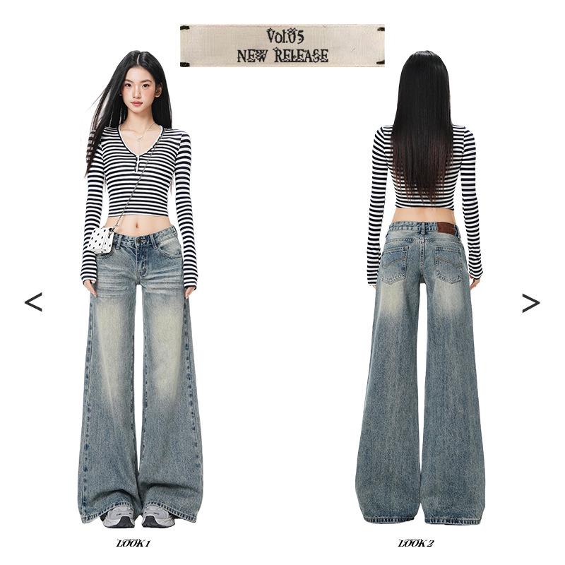 Low-rise, slimming, loose, wide-leg, slightly flared bell-bottom jeans for girls and women, perfect for spring.