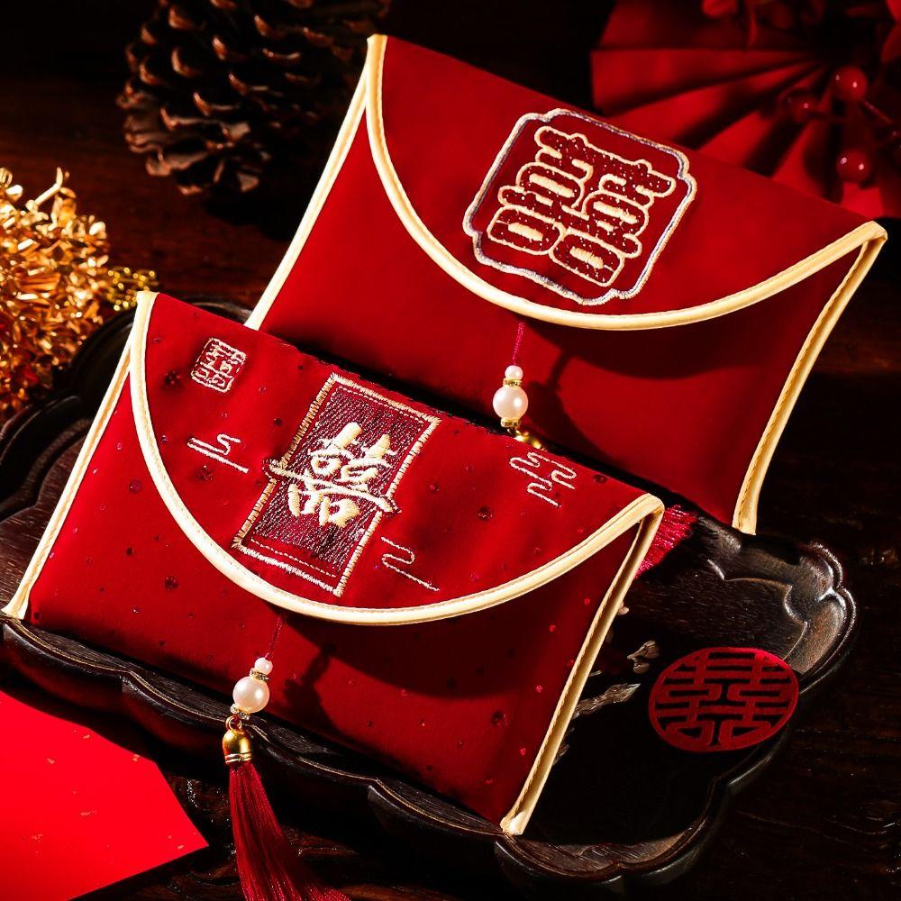 Chinese Style Wedding Red Envelope Tassel Embroidery Pattern Wedding Changing Fee Bag Traditional Hongbao Money Red Pocket