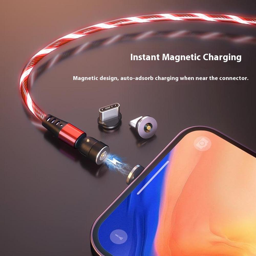 3 in 1 540 Degree Rotating Magnetic Charging Cable with Flowing Light 1m Elbow Gaming Cable for Apple/Android/Type-C
