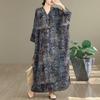 Women's Abstract Print Linen Maxi Dress V Neck Oversized Casual Loose Robe