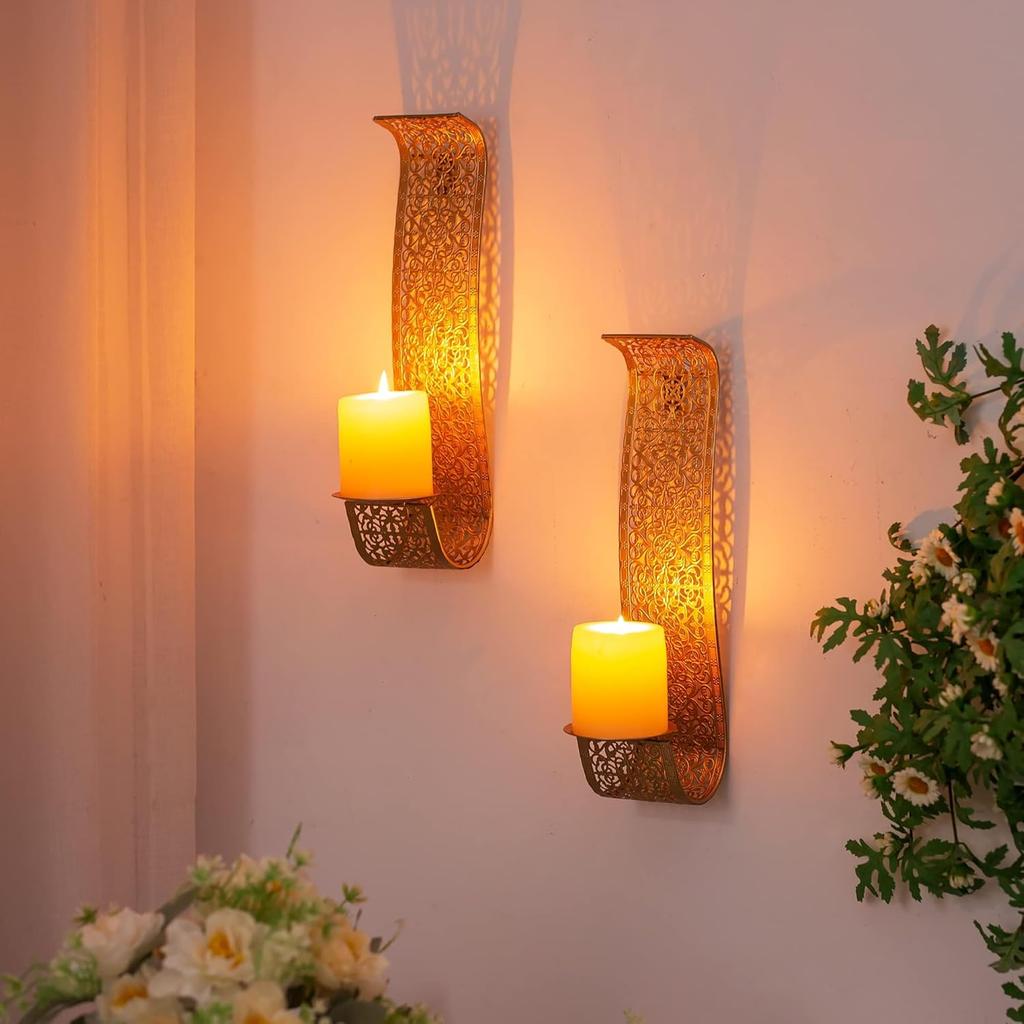 Sziqiqi Gold Candle Sconces Wall Decor Set of 2 - Rustic Pillar Wall Candle Holder for Farmhouse Vintage Hallway Wall Decor Decorative Bathroom Metal