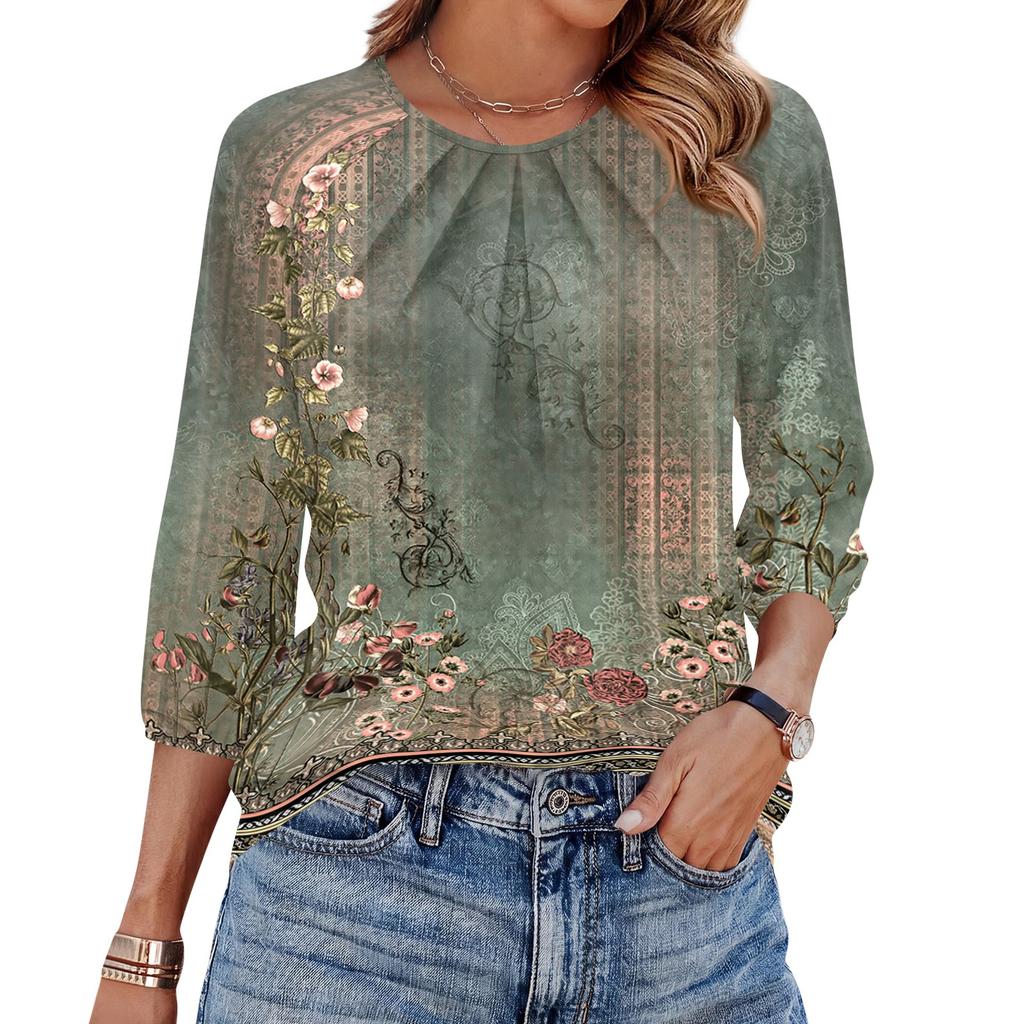 Women's Floral Print 3/4 Sleeve Round Neck Pleated T-Shirt Top Casual Loose Fit Lightweight Blouse