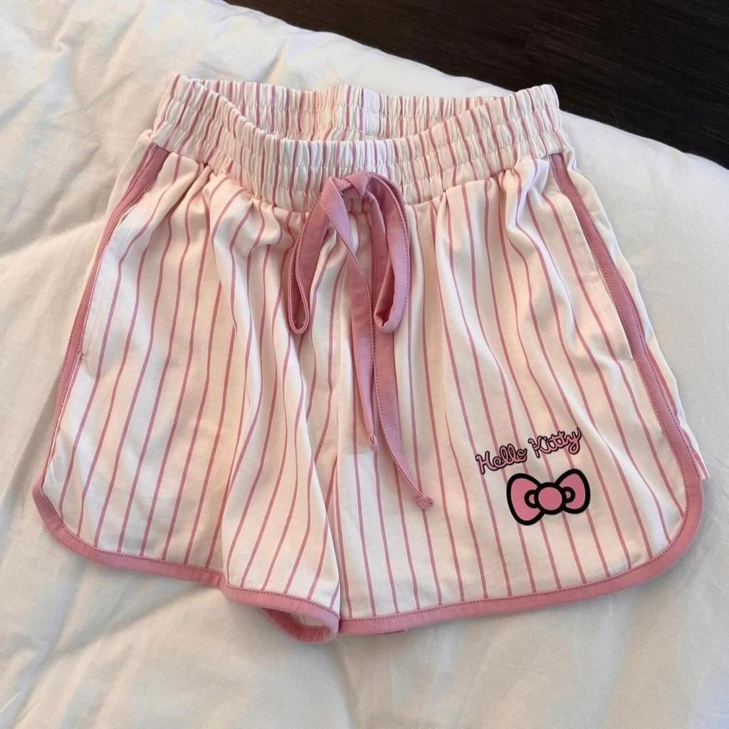 Hello Kitty Pajama Set For Girls With Striped Cotton Sleeveless Shorts Home Wear