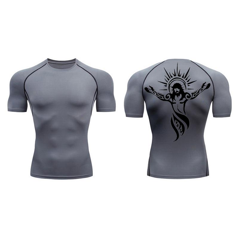 Cross Print Compression Shirt for Men Athletic Quick Dry Short Sleeve Tops Baselayer Christian Gym Workout Running T-shirts Tees