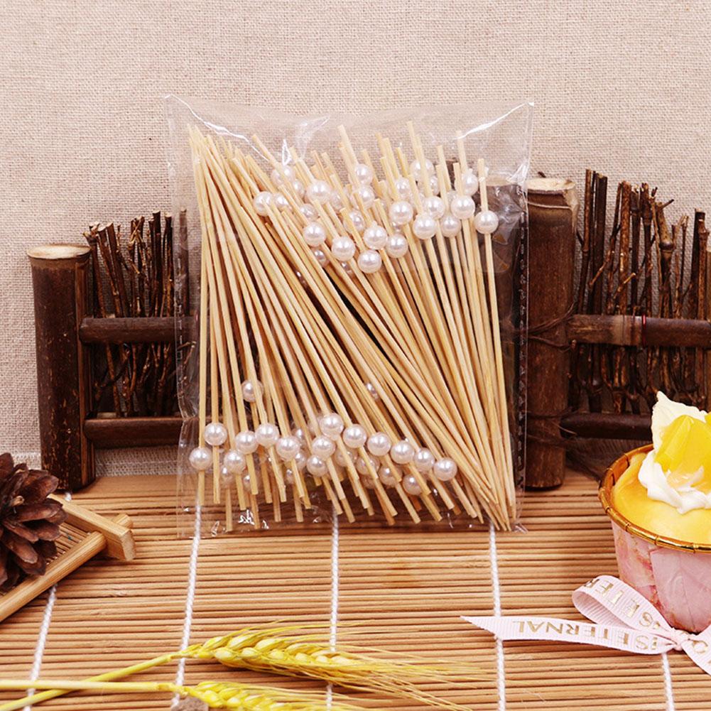 100 Pieces 12cm Disposable Fruit Bamboo Sticks with Creative Bead Tags for Desserts Fruits Festival Decoration Accessories