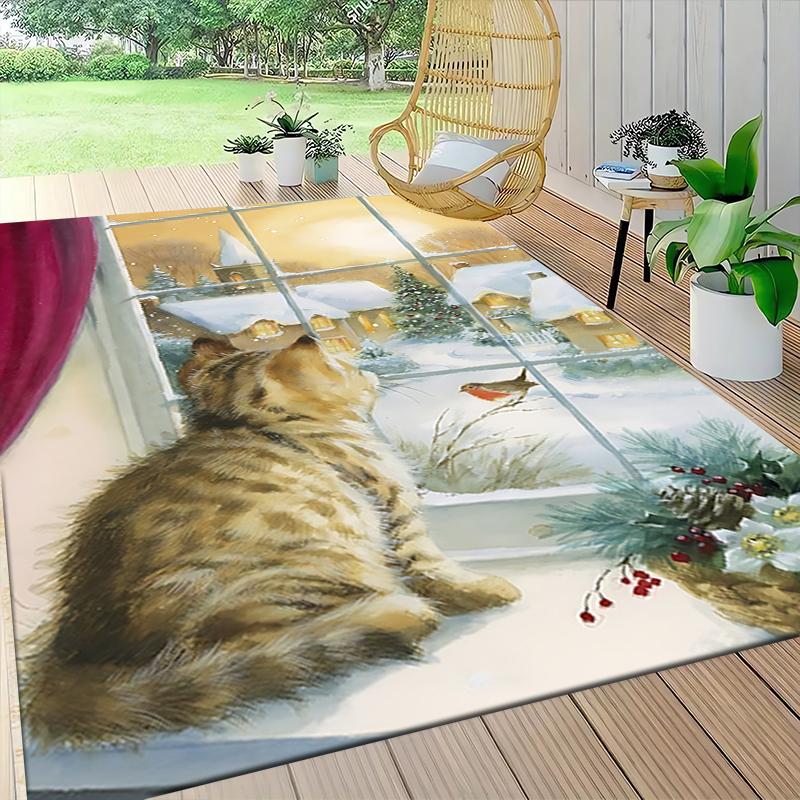 Cat Snowy Scene Carpet Rug Soft Washable Anti Slip Home Living Room Sofa Mats Personalized Christmas Rug