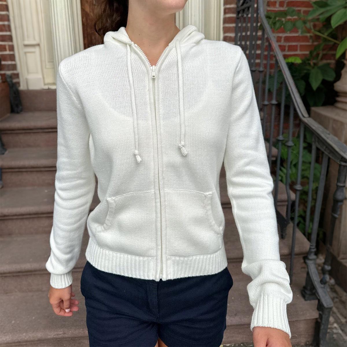 

Модная и простая толстовка с длинными рукавами однотонная шерстяная женская одежда 2025 осень-зима с капюшоном короткий универсальный топ S белый