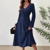Women's Fashion Casual Solid Color V-neck Twisted Long-sleeve Dress