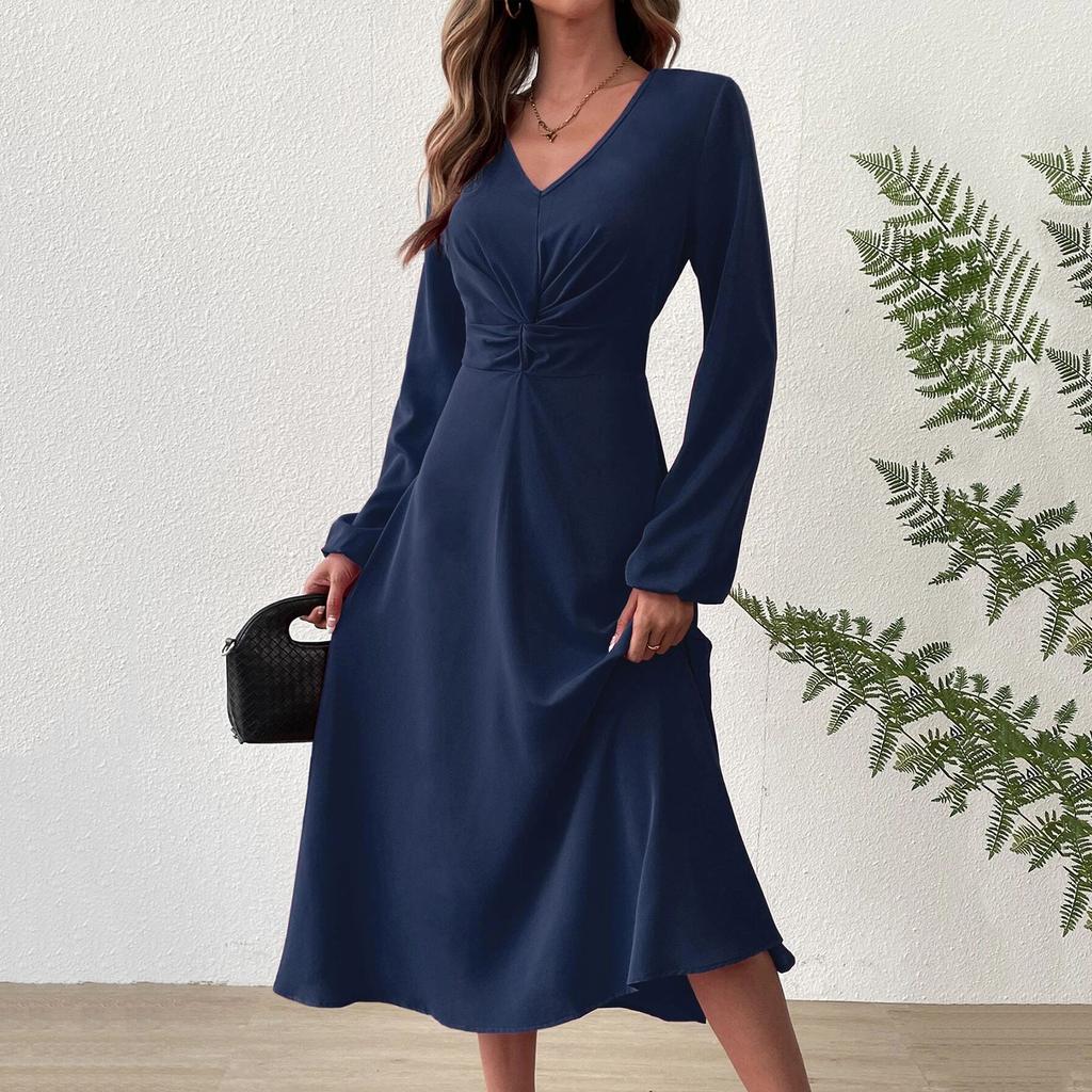 Women's Fashion Casual Solid Color V-neck Twisted Long-sleeve Dress