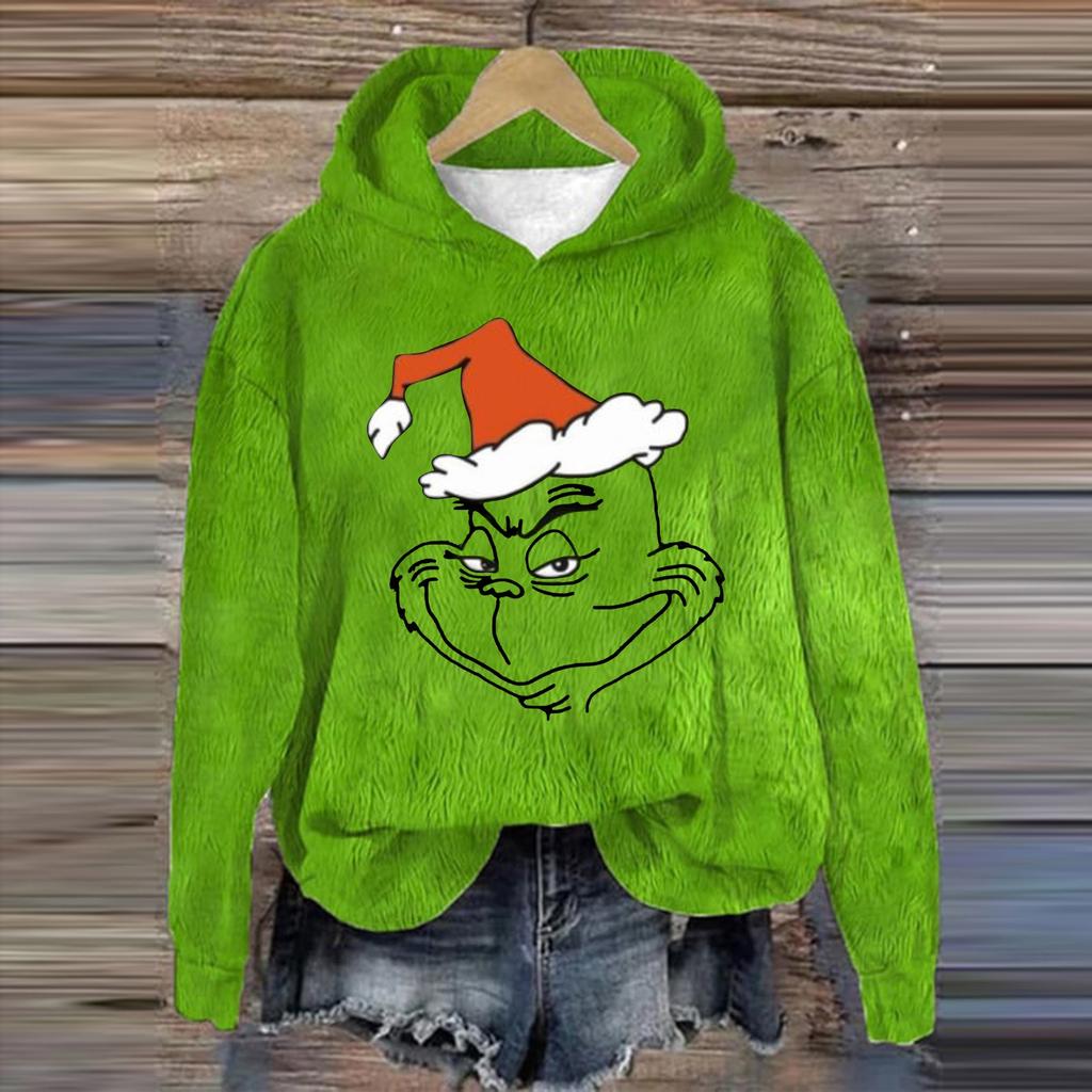 Damenmode, lässig, langärmelig, weihnachtlich bedruckt, Flanelloberteil mit Kapuze