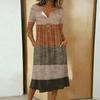 Women's Fashionable Color Printed Round Neck 3/4 Sleeve Button Collar Mid Length Casual Dress