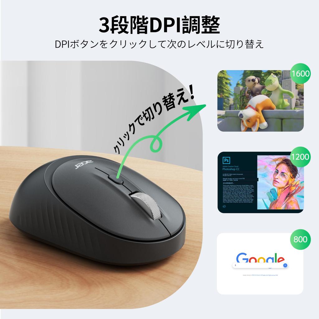 Acer Wireless Bluetooth Connection Switch for Portable USB Mouse with 3 DPI Compatible with and iPad Mouse, 5.2 + 2.4GHz, Symmetrical, 3-Device M/S