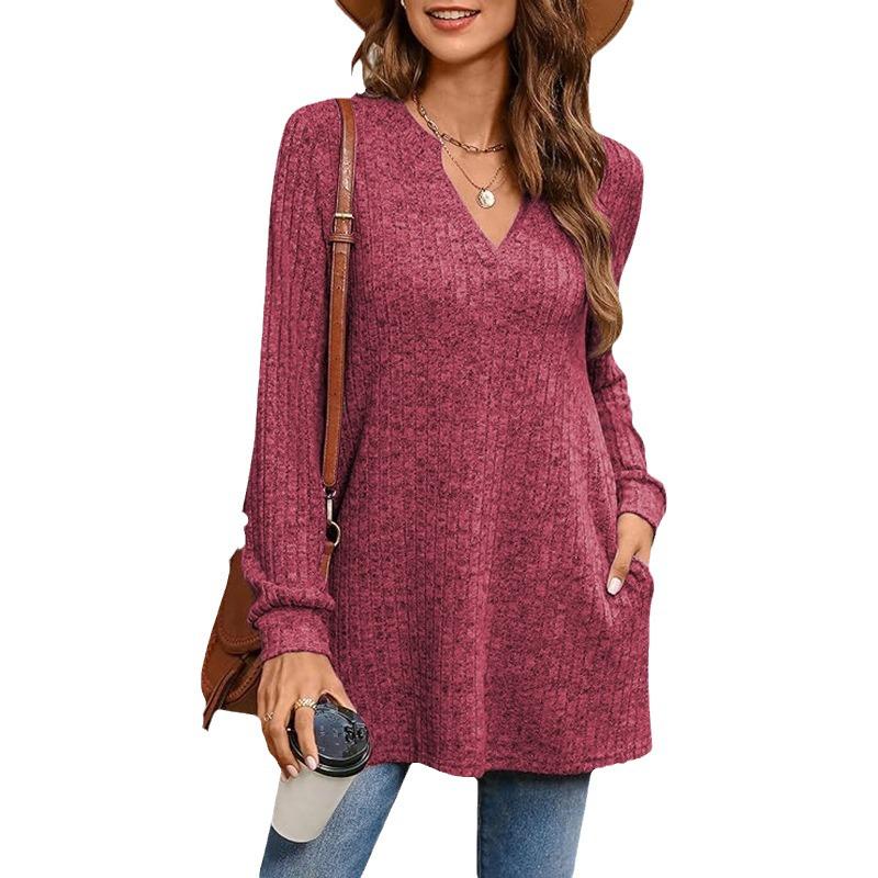 2025 Autumn/Winter Women's European Style Long Sleeve Loose Knit Top with Pockets
