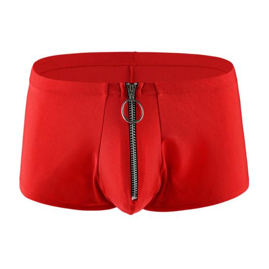 Men Boxers Zipper Closure Low Waist Elastic Solid Color U Convex Soft Breathable