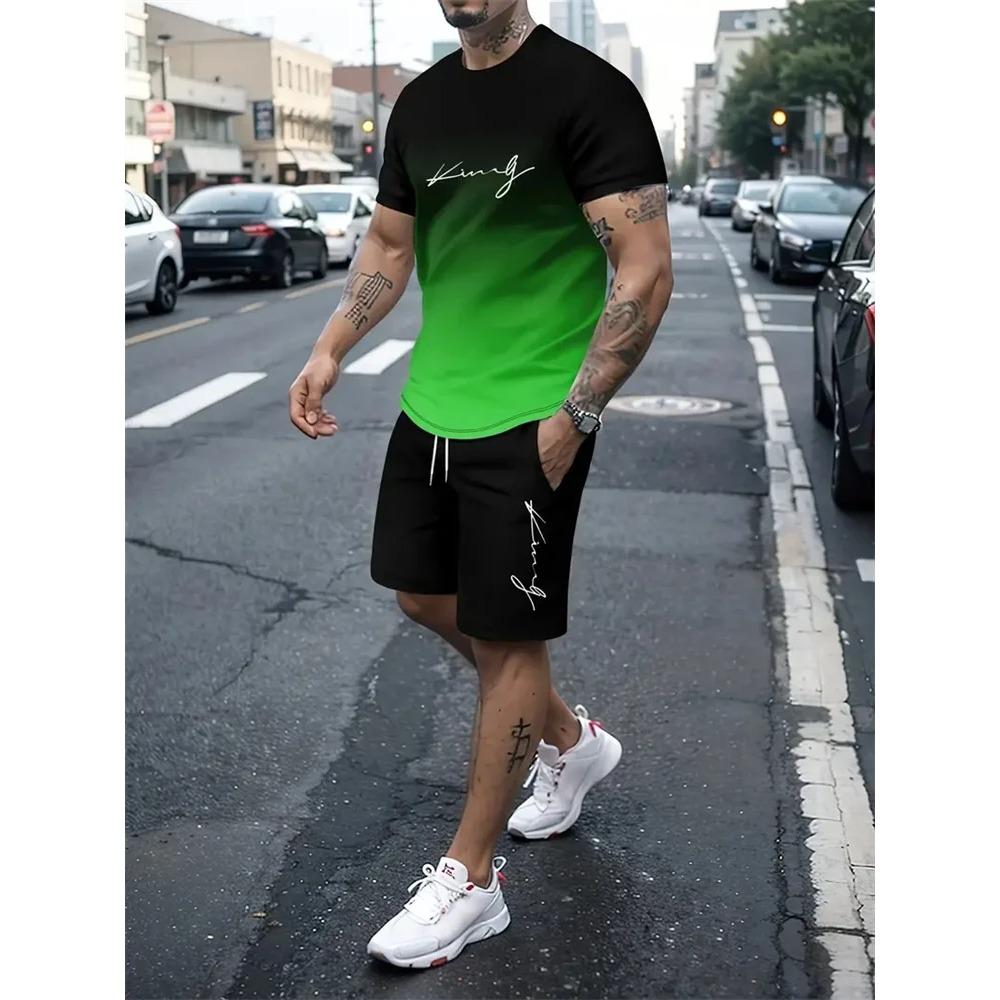 Summer Men's 3D Gradual Change Printed Sports Suit Fashionable Versatile Breathable Casual Trend