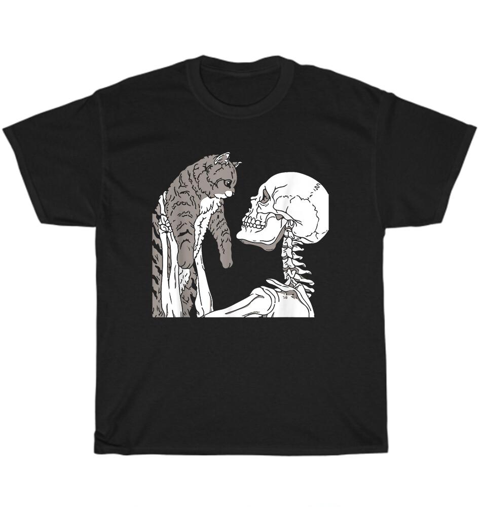 Skeleton Holding A Cat Lazy Halloween Costume Skull T-Shirt Unisex Tee Gift NEW S