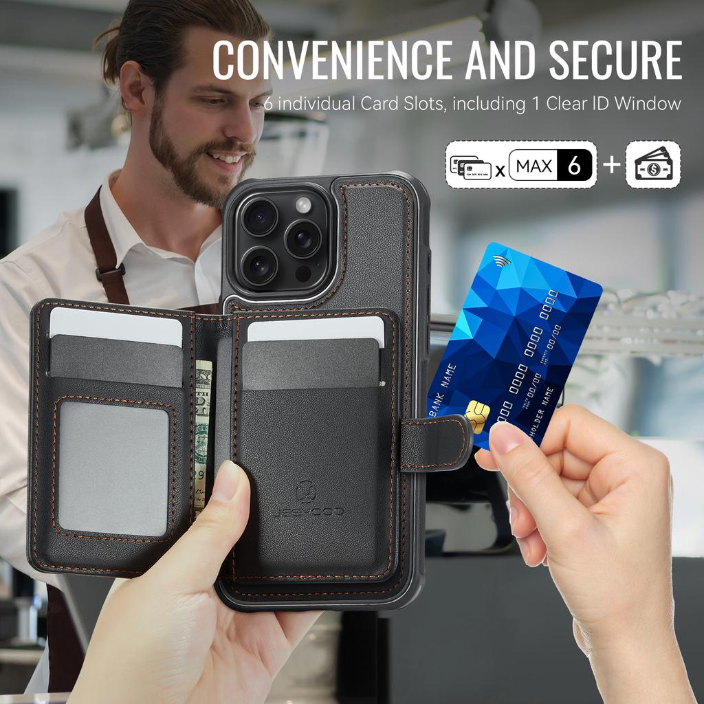 For iPhone 14 Pro Case JEEHOOD J09 RFID Blocking Card Holder Leather Back Phone Cover Compatible with MagSafe