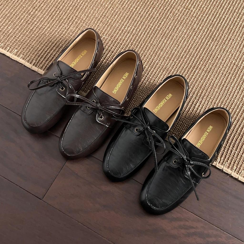 Available: Women's British Style Retro Round Toe Leather Loafers - Simple, Commuter Flat Lace-Up Shoes