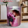 1pc Laundry Basket, Elegant Lady Holding Pink Flower Design, Foldable Clothing Storage Basket with Durable Handle, Suitable for Bedroom, Bathroom, Dor