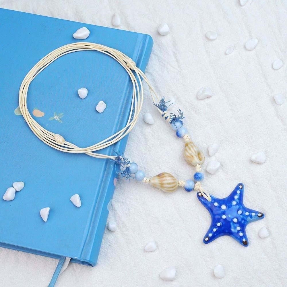 Contrast Color Blue Starfish Collarbone Chain Beads Exquisite Neck Pendant  Seaside Versatile