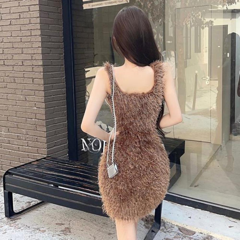 Pure Desire Style Backless Suspender Short Dress Autumn and Winter New Style Versatile Temperament Fashionable Slim Solid Color Dress