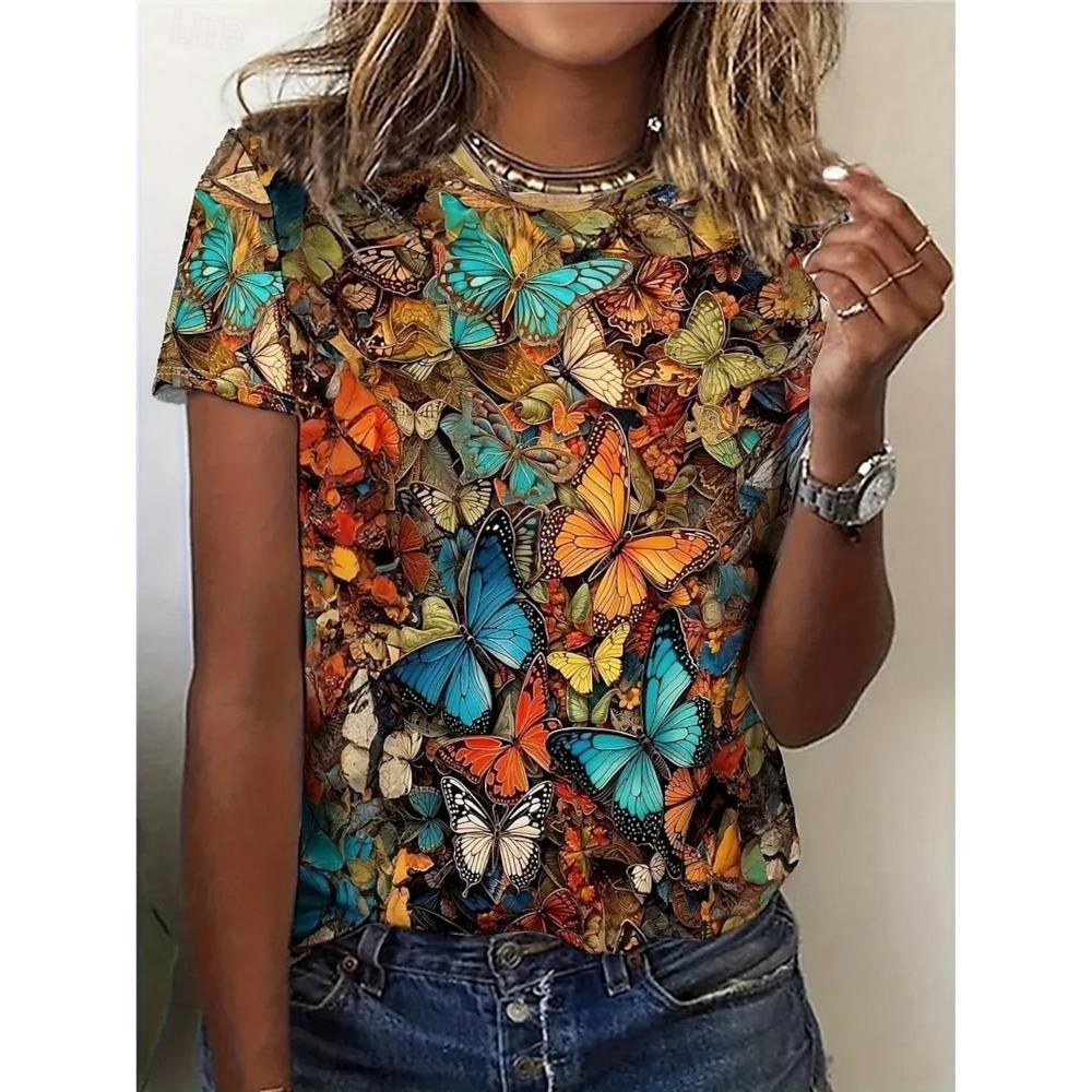 Summer Fashion Women's T-Shirt Beautiful Flowers Stylish Printed Casual Short Sleeved Crew Neck Tees Round Neck Regular Tops