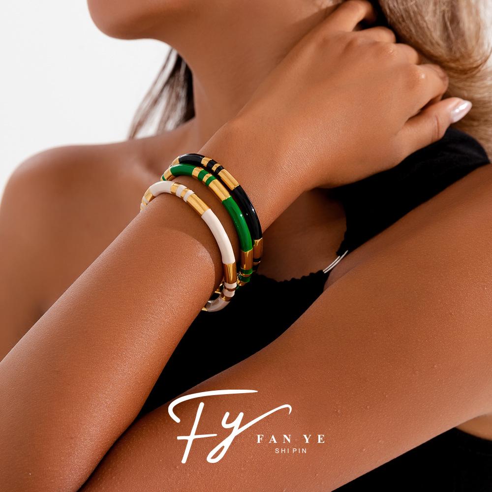 Retro Bamboo Enamel Stainless Steel Open Bangle - Women's European & American Luxury Jewelry
