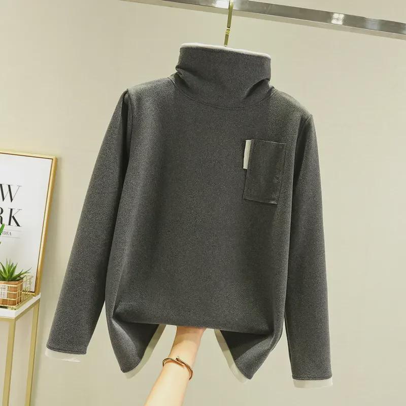 German Velvet Women's Half Turtleneck Pocket Top - Thick, Warm, Slimming, and Versatile Two-In-One for Autumn/Winter.