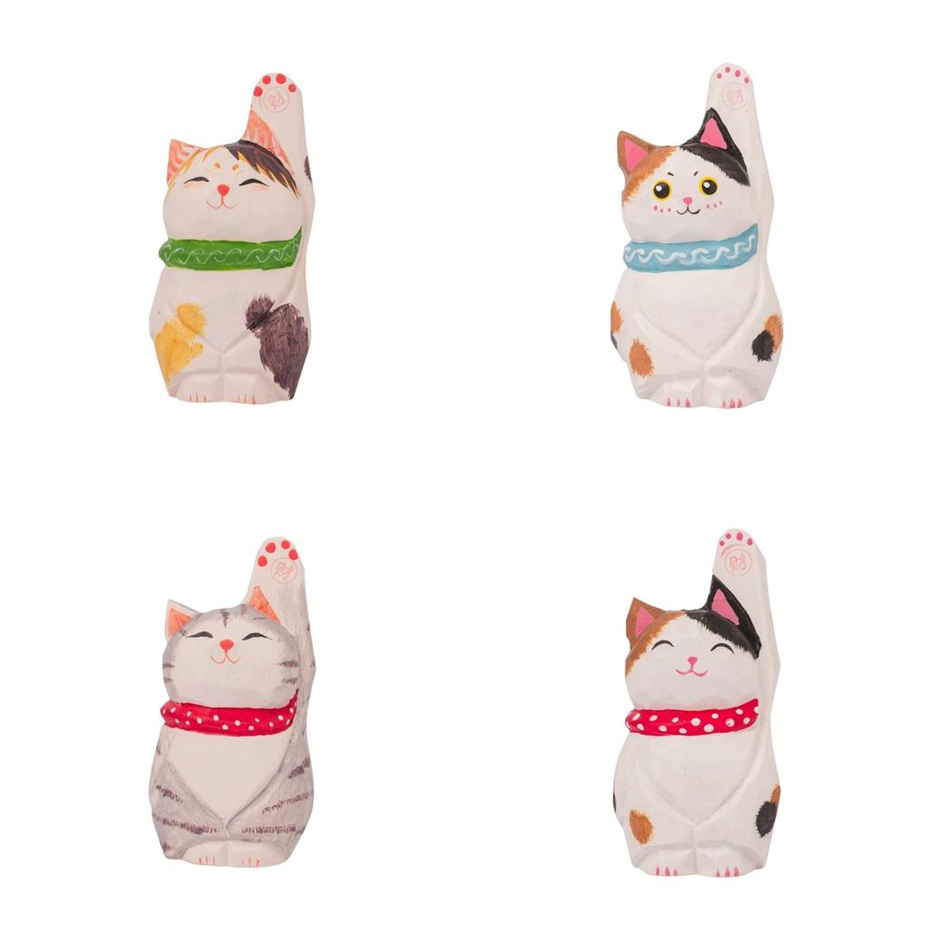Wooden Lucky Cat Figurine Home Decor Gift For Office And Living Room