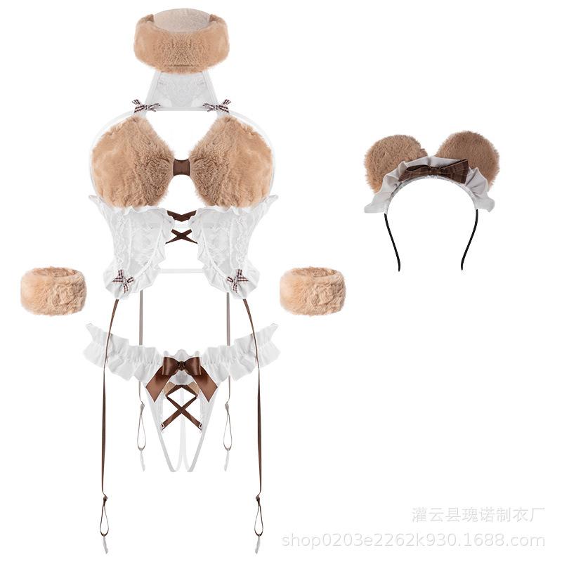 Cute Plush Bear Sexy Underwear Women's Sexy Three-point Crotch Hanging Neck Lace Plush Cute Bear Uniform Set