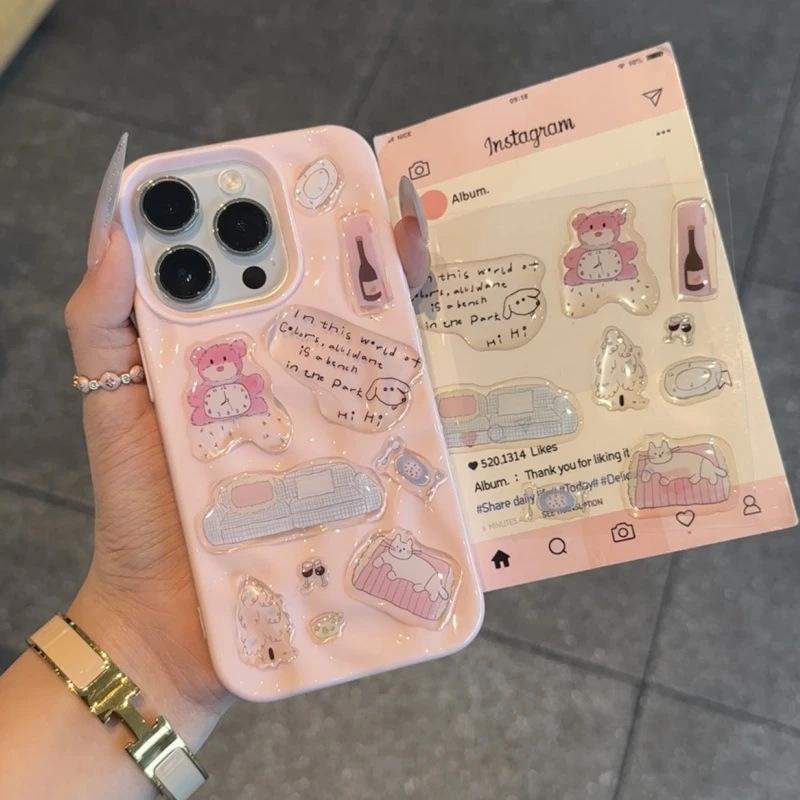 Pink Bear Black Cat Sticker Applicable Apple 17/16 Pro Mobile Phone Case iPhone15 Meteorite 13 Folds 14 Cute