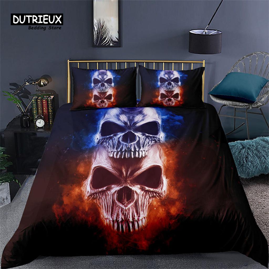 Colorful Sugar Skull Skeleton Quilt Cover Gothic Skull Bedding Set Queen Size Microfiber Horror Theme Feather Black Duvet Cover