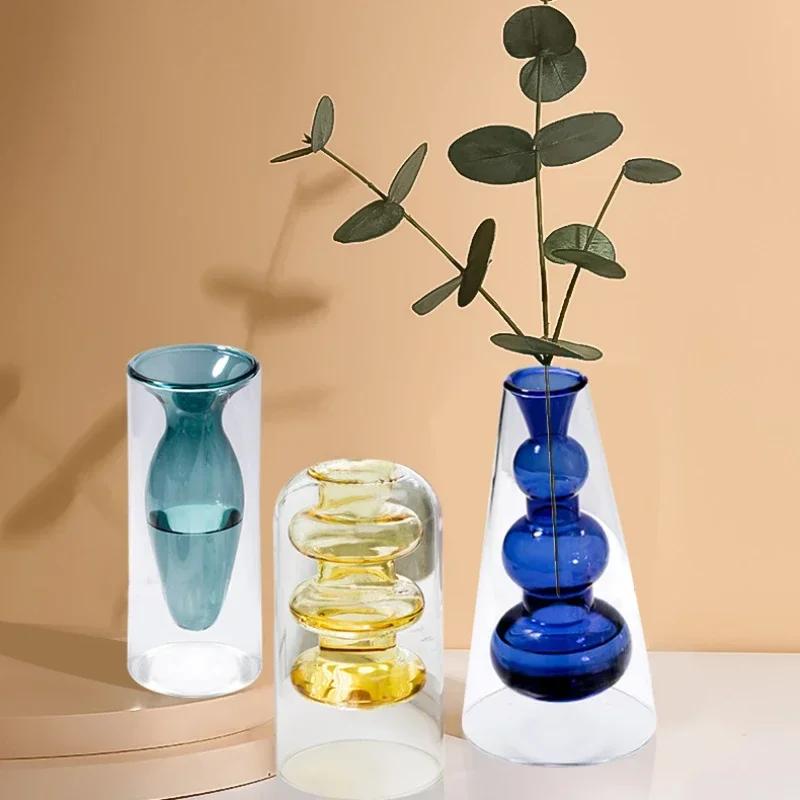 Hot Sell Colored Glass Vase Double Layered Nordic Flameless Rattan Aroma Bottle High Borosilicate Living Room Flower Arrangement