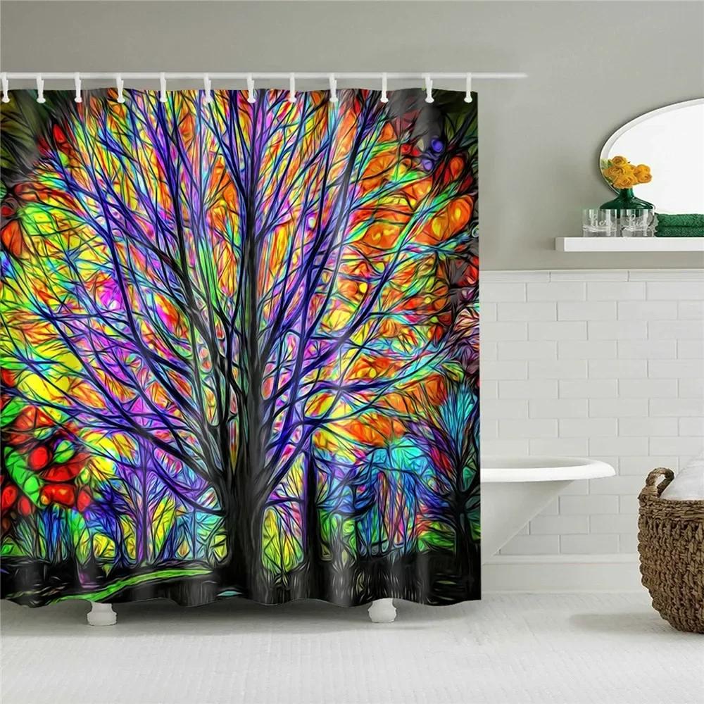 Plant Leaves Bathroom Shower Curtains Waterproof Hooks Hanging Curtain Bath Screen Decor Flowers Tree Print Shower Curtain.