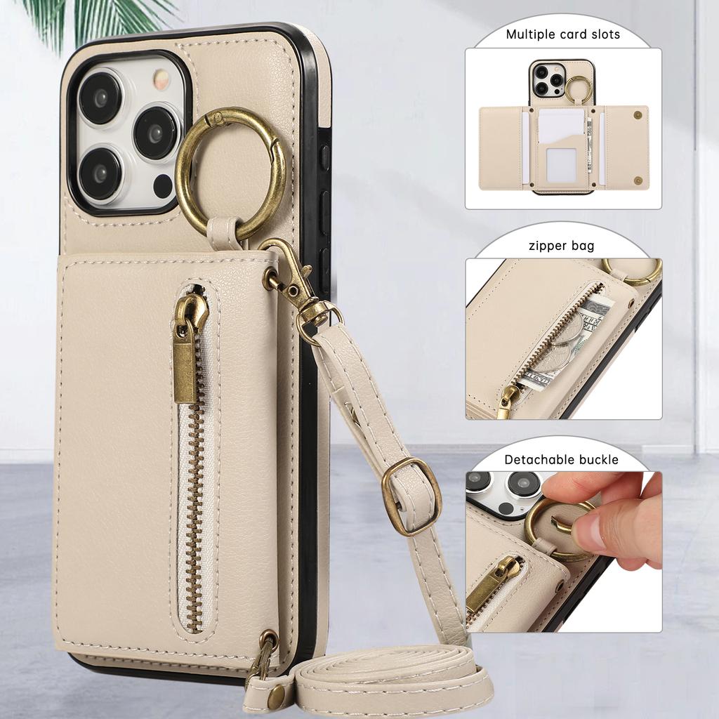 For iPhone 16 Pro Max Leather Back Cover Zipper Wallet Kickstand Phone Case with Shoulder Strap
