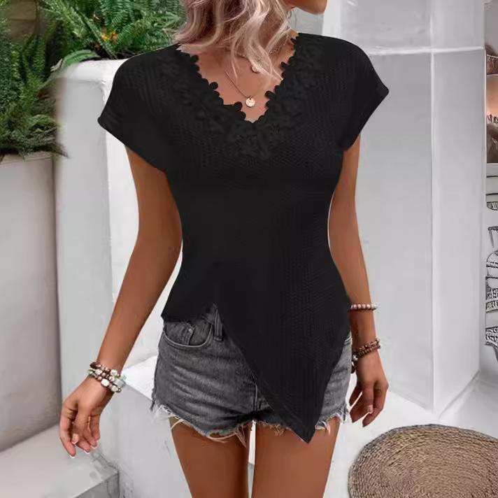 Summer Women's T-Shirt Solid Colour V Neck Lace Trimmed T-Shirt