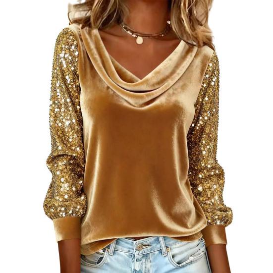Women Tops Piled Collar Sequined Long Sleeves Velvet Texture Blouse Solid Color
