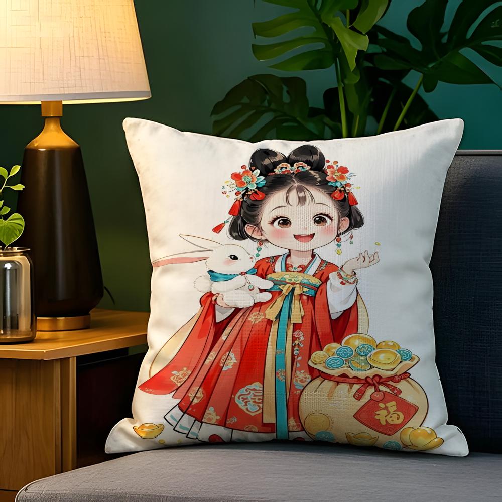 Eastern Aesthetics China Costume Girl Pillow Case Natural Linen Pillow Case DoubleSided Decor Sofa Pillowcase Home Decor