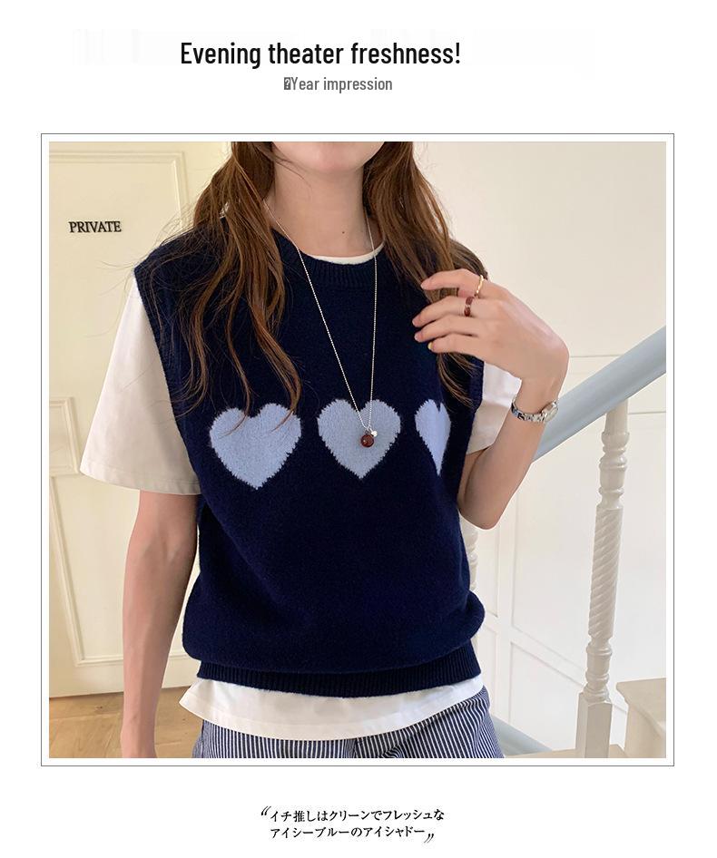 2025 Autumn/Winter Women's Heart Jacquard Wool Vest - 100% Wool, Round Neck, Loose Fit