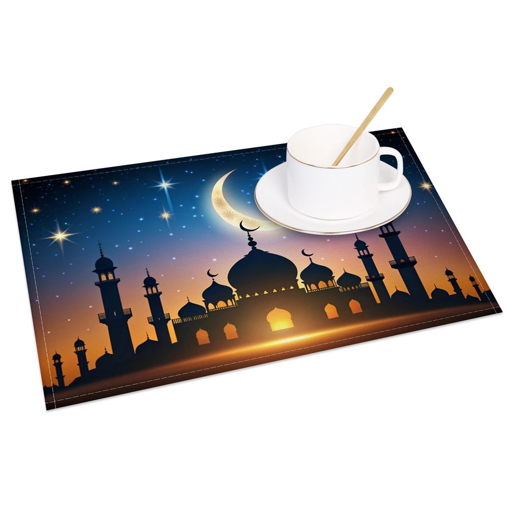 Ramadan Eid Tischsets Islamische Moschee Mondsichel Stern Design Festliche Tischdekoration für Iftar Eid al Fitr Langlebig Waschbar
