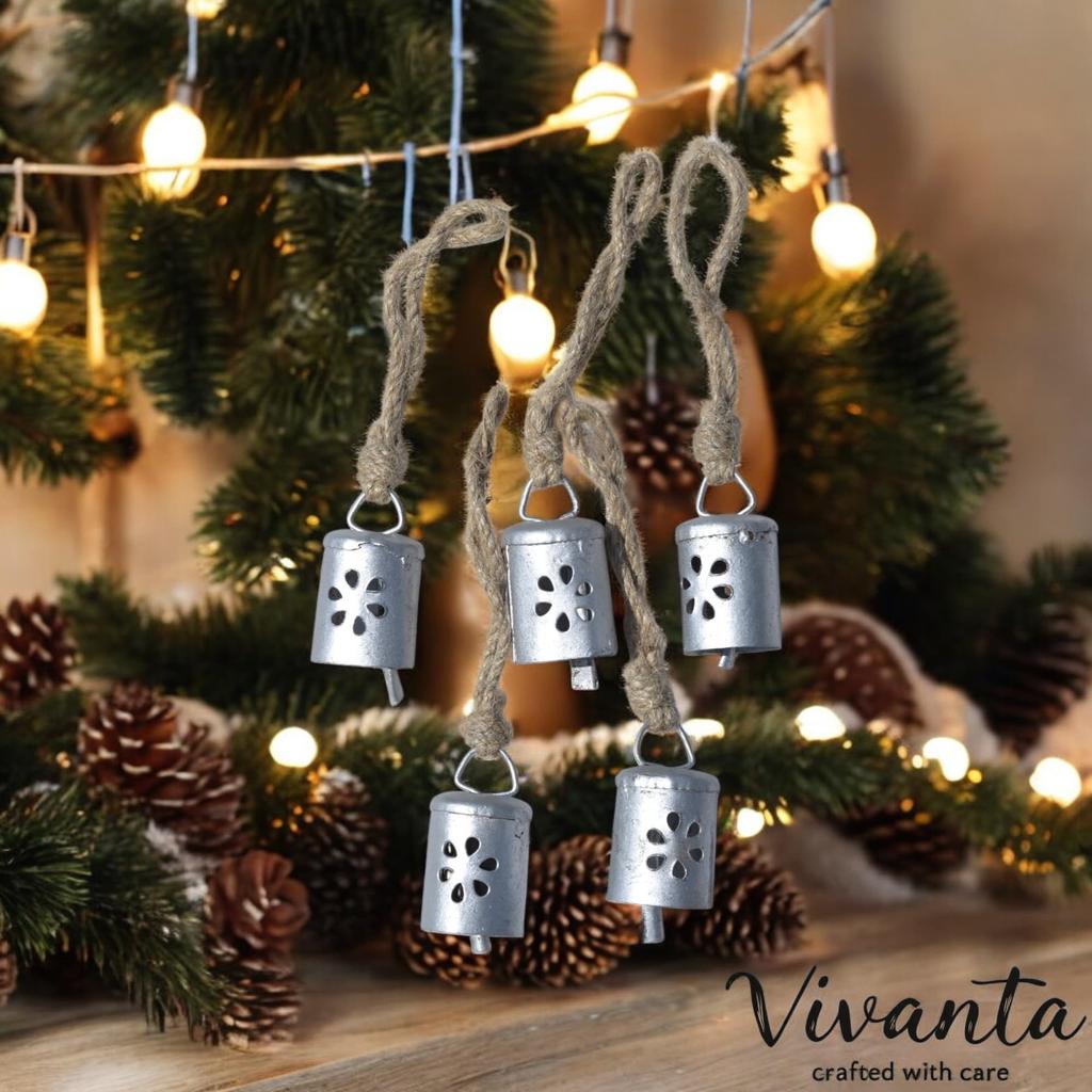 Small Hanging Tin Jingle Bells with Jute Rope for Crafts, Rustic Christmas Decorations, Witch Cow Bells, Silver, Pack of 10
