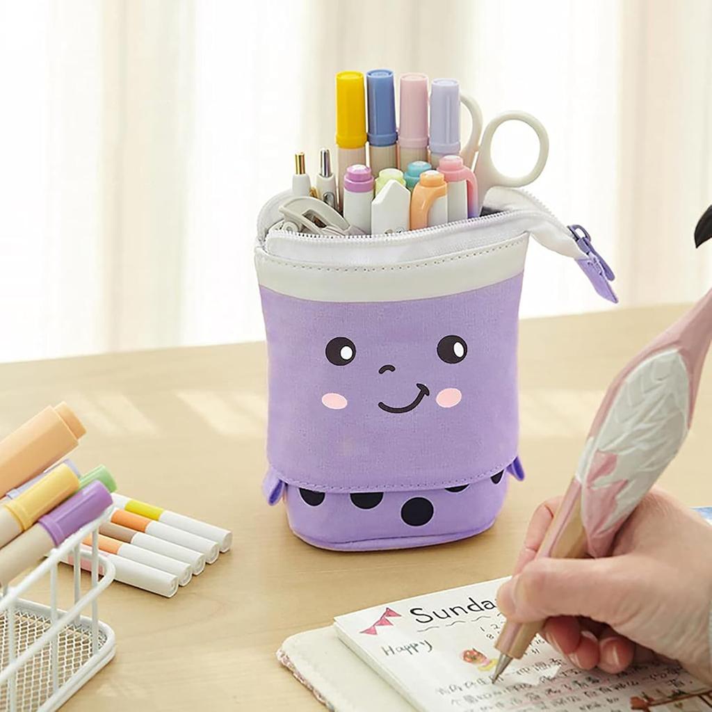 3 Pack Telescopic Pencil Pouch Bag Pop Up Pencil Case Stand Up Pen Holder Cute Polka Dot Canvas Pen Bag, Standing Stationery Case Holder for Students