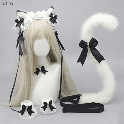 5 szt./zestaw Futrzane Spinki do Włosów z Uszami Kota Opaska na Głowę Muszka Choker Opaska na Nadgarstek Pluszowy Ogon Kota Urocze Lolita Anime Impreza Cosplay Akcesoria